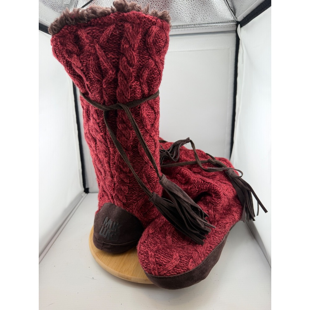 Muk Luks Womens Large 9-10 Burgundy Cable Knit Tall Slipper Boots Tassels Fur